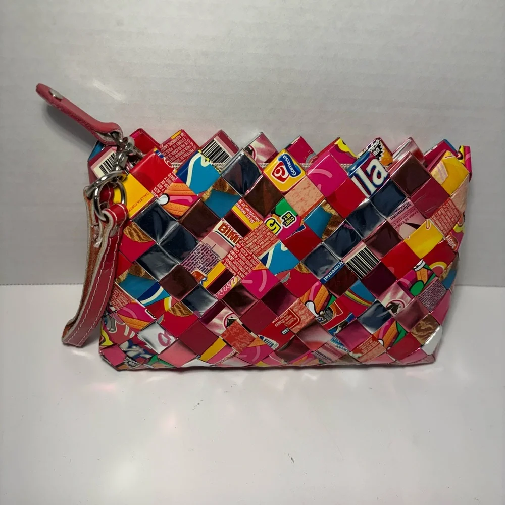 Nahui Ollin Bag Wristlet Recycled Candy Gum Wrapper Woven Multicolored Purse 7”